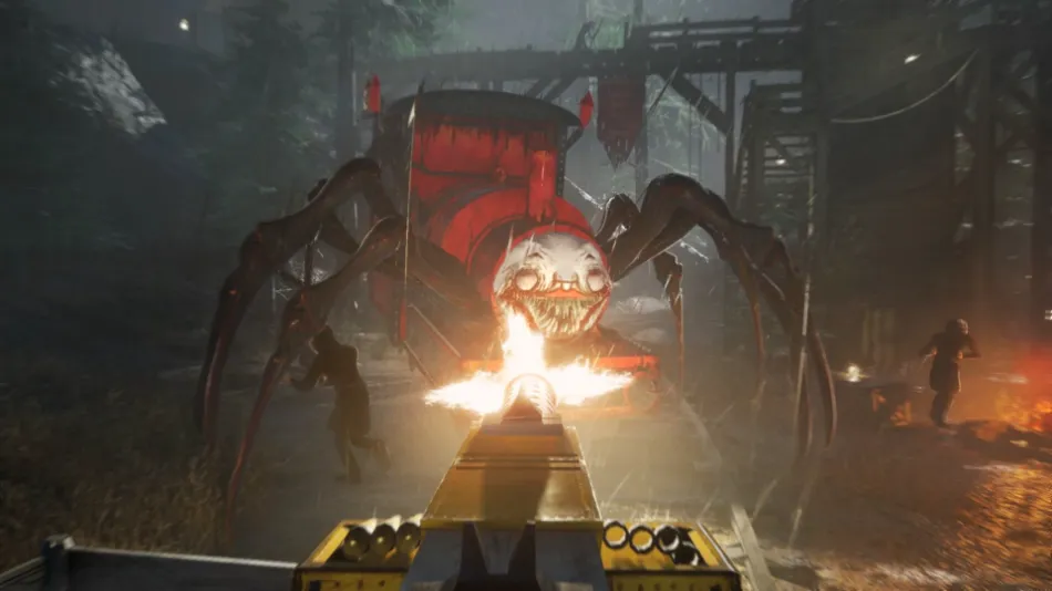 Choo Choo Charles creepy spider train chasing player through foggy railway tracks