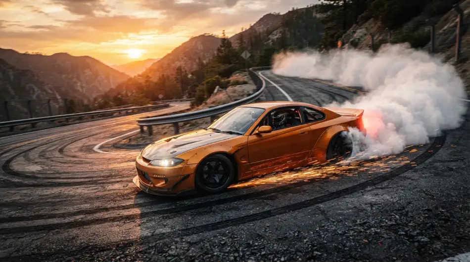 CarX Drift Racing 2 sports car drifting with tire smoke on a mountain racing circuit
