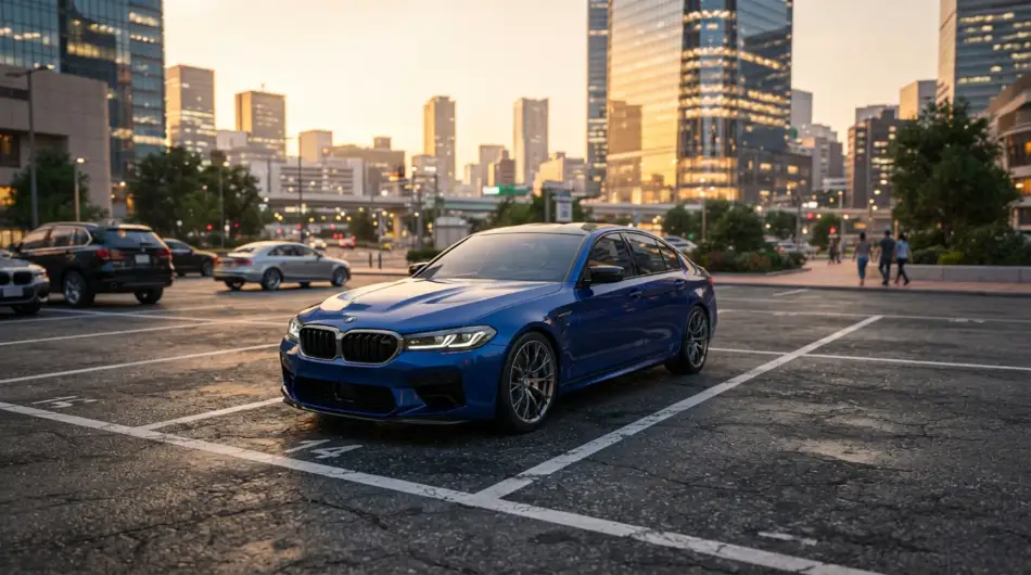 Luxury sports car parked in a modern city during sunset in Car Parking Multiplayer 2
